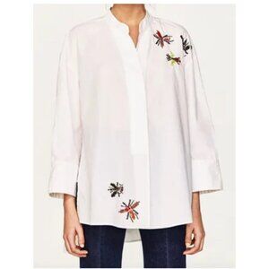 Zara Woman SZ XL White Tunic Shirt W/ Beaded Insect Embroidery Long Sleeve